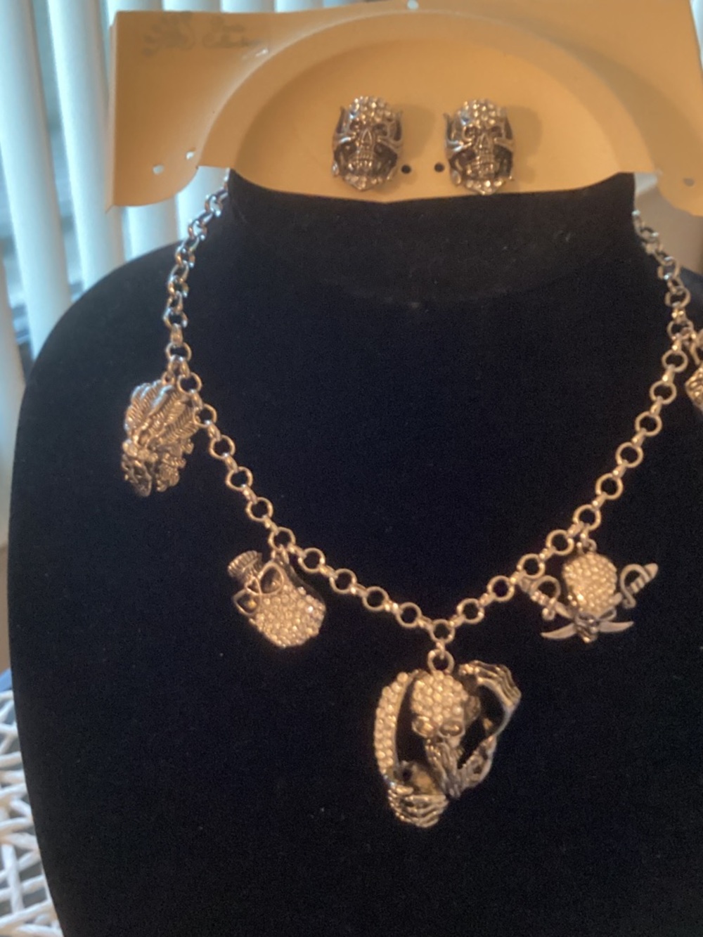 Silver-Tone Crystal Skull Charm Necklace and Earring Set